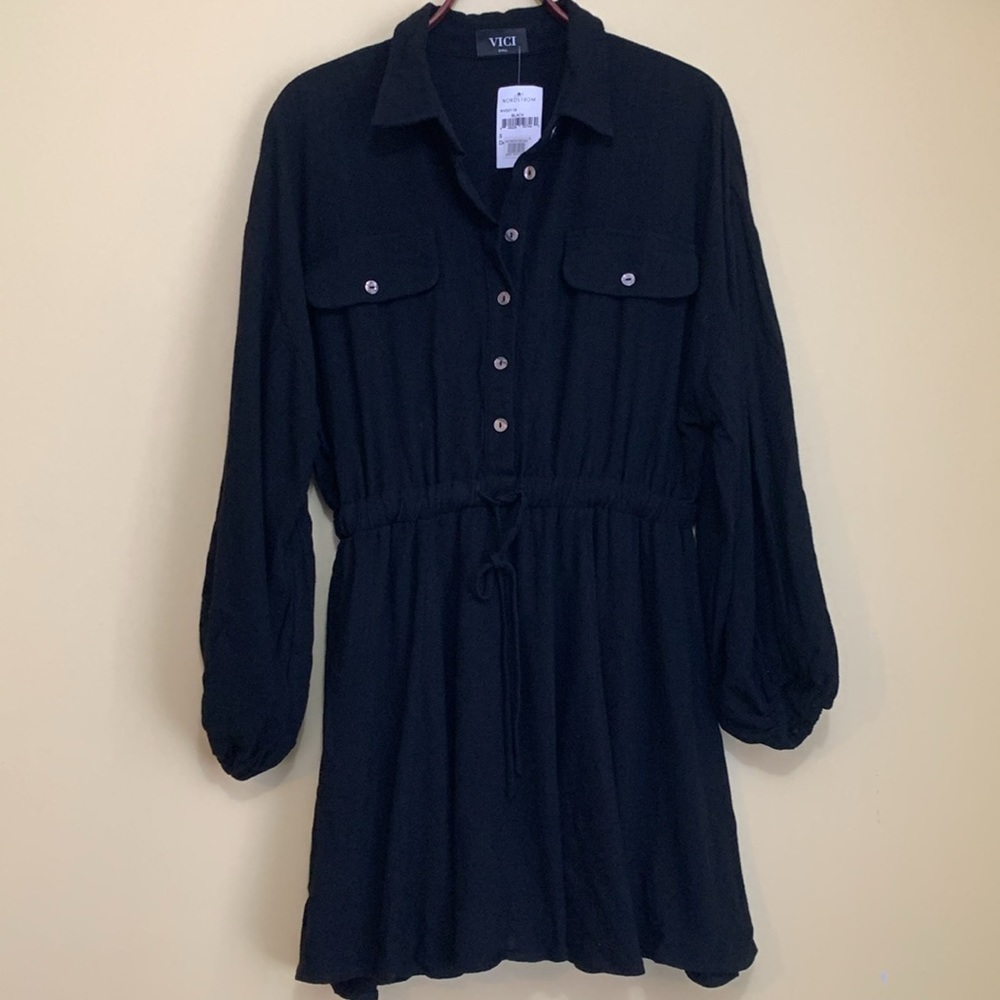 Vici | Black NWT Balloon Sleeve Button Down Drawstring Waist Rayon Linen Dress S
